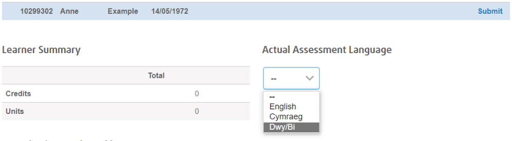 Screenshot showing the dropdown menu on the Agored Cymru website with the Actual Assessment Language options
