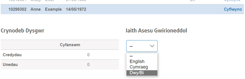Sgrinlun yn dangos cwymplen dewis iaith ar wefan Agored Cymru